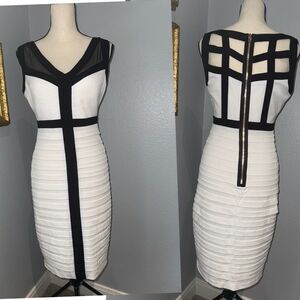 Cache Bodycon Bondage Midi Geometric Cage Dress Sz 8 Strappy Mesh BlackWhite Y2K